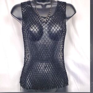 Black netted fishnet beaded tank top over see thru Cover up - vintage